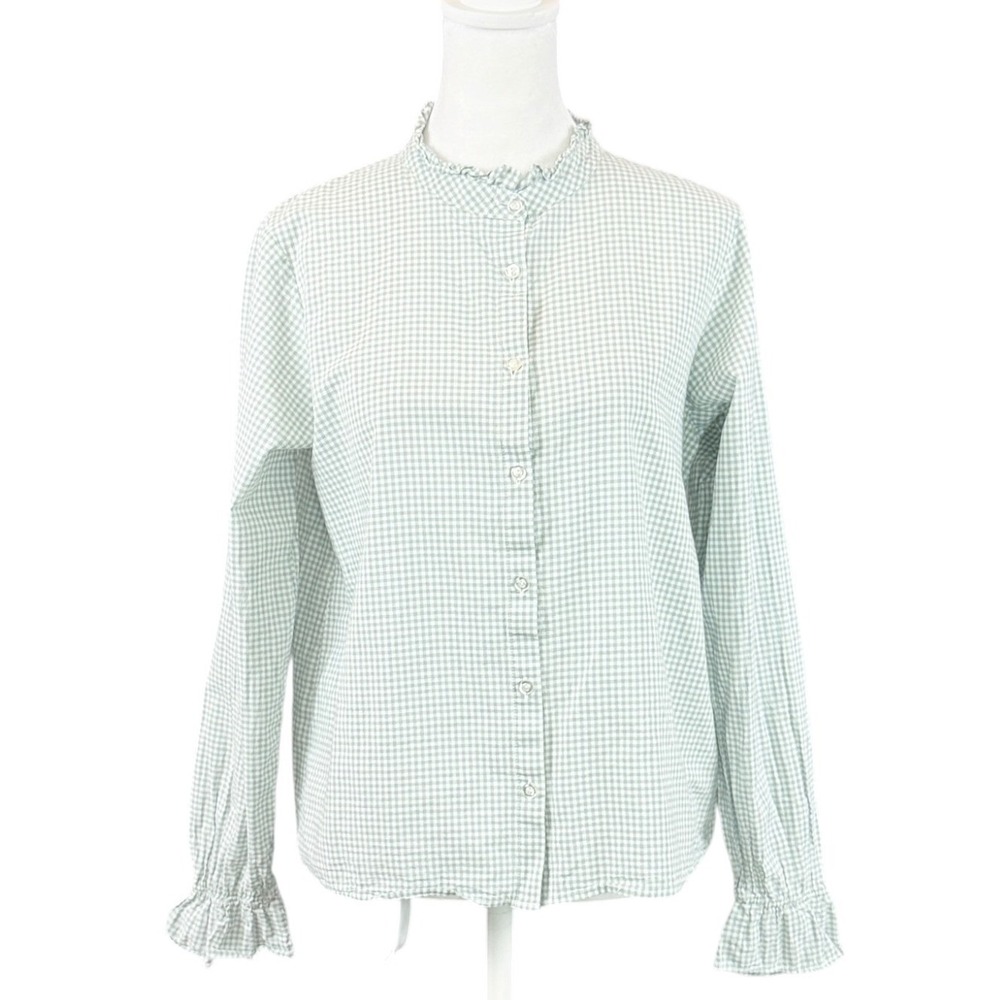 ehka sopo Gingham Blouse Women M Green Ruffle Neck Long Sleeve Top Cottagecore